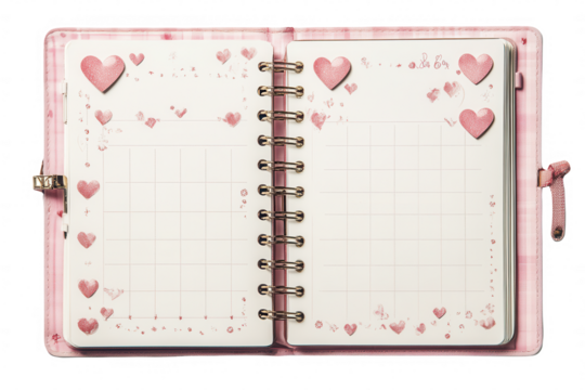 Pink heart-themed spiral planner with grids and decorative borders.