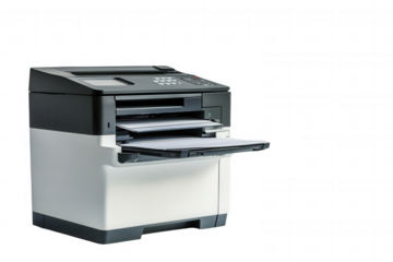 Isolated on a transparent background. Multifunction office printer isolated on white background.
