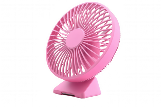 Isolated on a transparent background. Pink portable desk fan with circular blades on a white background.