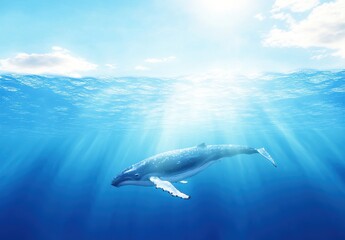 Fototapeta premium Majestic Humpback Whale Swimming Gracefully Under Clear Blue Ocean Waves Illuminated by Sunlight with Gentle Rays Penetrating the Surface