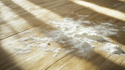 A realistic scene of white powdered milk spilled on a clean kitchen floor, with soft light casting shadows on the fine powder, creating a contrast against the wooden floor surface