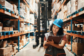Female warehouse worker inspecting inventory with clipboard