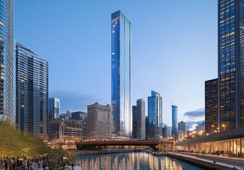 Fototapeta premium Majestic Urban Skyscrapers at Dusk Reflecting on Waterway with City Lights Illuminating the Vibrant Chicago Skyline and Modern Architecture