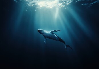Obraz premium Majestic Whale Gliding Through the Deep Ocean Waters with Sunlight Rays Piercing the Surface Creating a Serenity of Underwater Beauty