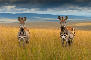 Obraz premium Burchell's zebras grooming, Hluhluwe Game Reserve, Kwazulu-Natal, South Africa. Beautiful simple AI generated image