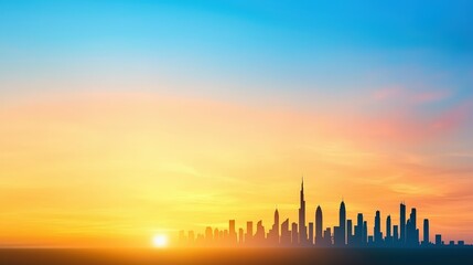 Fototapeta premium Stunning Cityscape Silhouette at Sunrise Golden Hour Skyline Panorama