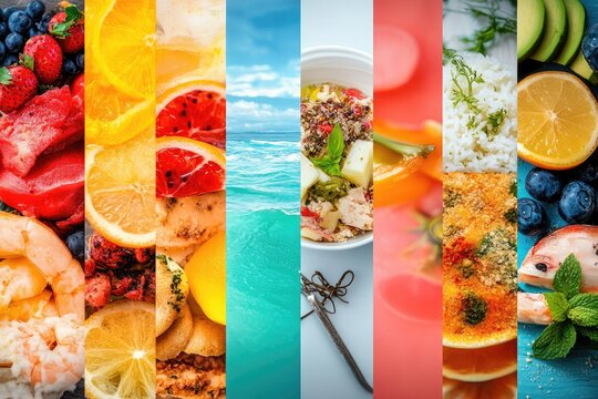 Colorful food collage promoting healthy eating and active lifestyle