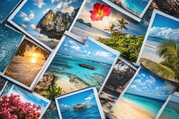 Travel photography showing exotic beaches, palm trees, and tropical flowers