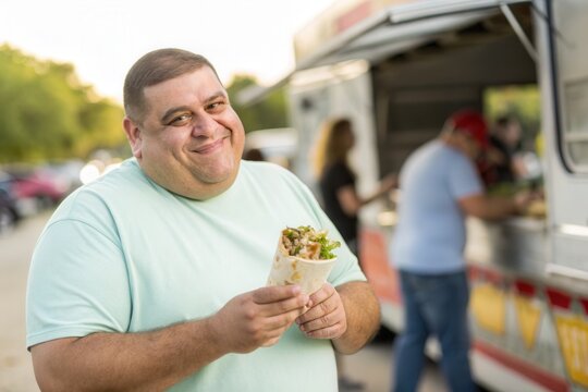 A man smiles happily as he holds a taco filled with fresh ingredients. In the background, a food truck is busy serving customers in a vibrant outdoor setting during the evening, creating a lively atmo - Powered by Adobe
