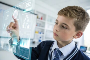 A young boy in a smart casual outfit engages with a high tech touchscreen display. He appears focused as he explores various data and graphics, reflecting a curiosity for technology in a contemporary 