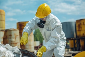 Worker in hazmat suit and safety gear handling hazardous materials in an industrial area ensuring safe waste disposal
