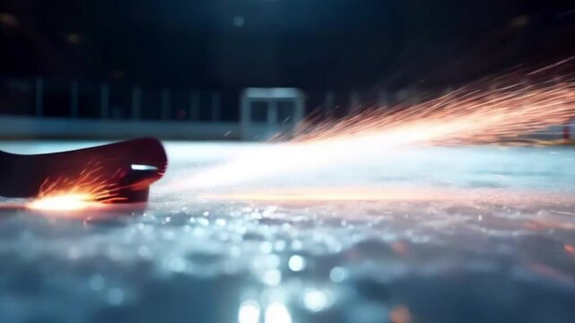  Stricking the Puck with Hockey Sticks. Athlete Scoring a Goal
