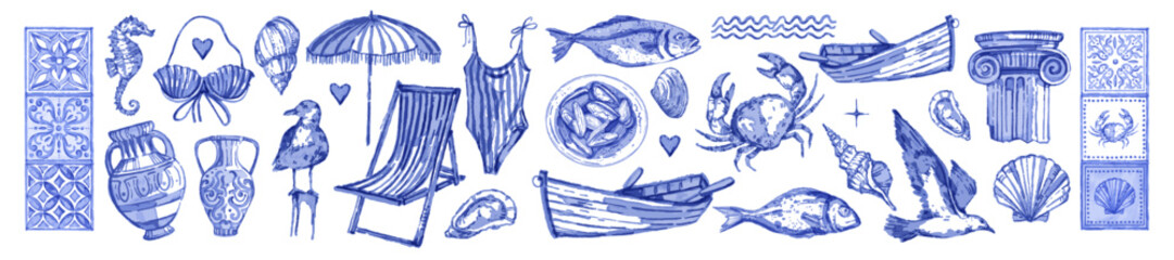 Mediterranean summer vacation doodle icon set, vector watercolor hand drawn sea shore collection. Nautical vintage holiday illustration, boat, seagull, seafood ink decoration object. Summer vacation