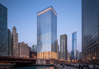 Obraz premium Modern Urban Skyline at Dusk with Skyscrapers Reflecting Lights on the Chicago River, Showcasing Architectural Beauty and City Life in an Urban Landscape