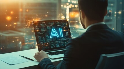 An AI icon on a laptop screen and a businessman working with digital documents in an office, an AI technology concept banner design. 