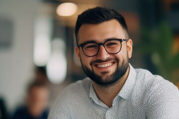 Obraz premium A cheerful man with glasses sits comfortably in a modern environment. He has a well groomed beard and wears a patterned shirt. The soft lighting enhances the welcoming atmosphere, making it inviting.