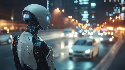 Fototapeta premium Futuristic Robot Observing City Traffic at Night