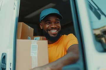 A delivery driver wearing an orange shirt and a cap beams with joy while loading boxes into a delivery truck. The bright sunlight highlights his cheerful expression and the organized space full of pac