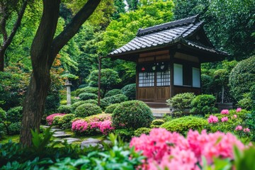 Obraz premium Tranquil scene of a japanese garden with a small shrine serene nature oasis vibrant flora and peaceful environment captured in detail for stunning visuals