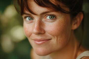 Fototapeta premium A young woman with striking green eyes and charming freckles enjoys a moment outdoors. The soft, blurred background highlights her joyful expression and connects her to the serene natural environment 