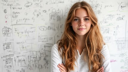 Fototapeta premium A confident young woman stands with arms crossed in front of a wall covered in sketches and notes typical of a creative space