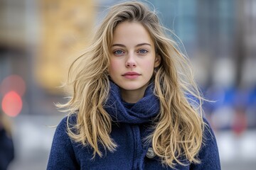 Naklejka premium portrait of beautiful caucasian middle-aged long-haired blonde looking at camera friendly, model woman 40-50 years old portrait. Beautiful simple AI generated image