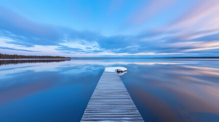 Obraz premium Serene Lake Wooden Dock Tranquil Sunset Sky Reflection
