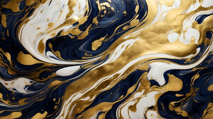 "Abstract gold and navy blue marble texture with white swirls, luxurious fluid art design for backgrounds and decor"