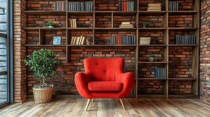 Red armchair in a modern loft library with brick walls and wooden shelves filled with books.