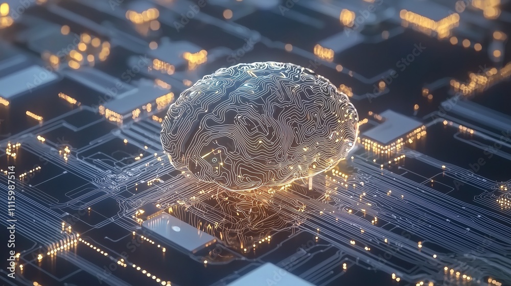 Poster futuristic brain on circuit board symbolizes ai and big data processing automation.