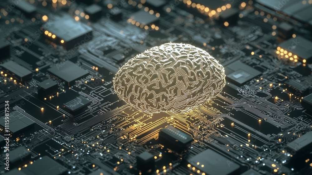 Poster a digital brain on a circuit board symbolizes ai and machine learning integration.