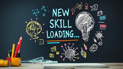 Chalkboard with 'new skill loading' and doodles symbolizes learning and growth.