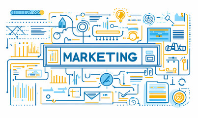 Obraz premium Abstract illustration depicting the interconnectedness of marketing strategies, data analysis, and business processes. Ideal for presentations, reports, or marketing materials.