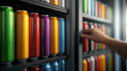 Consumer Choice, A vibrant display of colorful beverage cans neatly arranged on shelves, with a hand reaching for one.