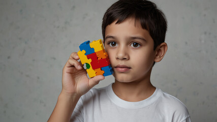 A sad child boy portrait. World autism awareness day with autism symbol and grey background. 2nd April celebrate day of awareness autism day. close-up.