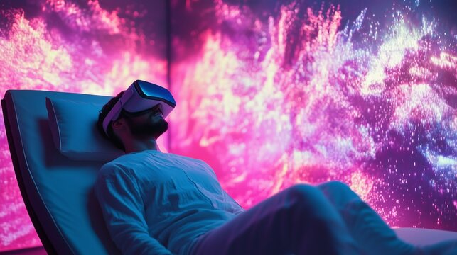 Person using vr headset in a serene, colorful environment, symbolizing virtual therapy.