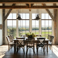 Obraz premium Farmhouse dining room with large windows offering scenic views.