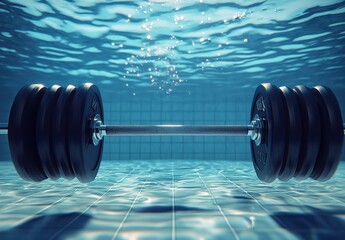 Underwater Dumbbell Weights Surrounded by Bubbles and Reflections in a Pool, Capturing the Contrast of Fitness and Aquatic Environment
