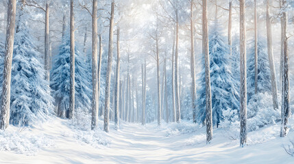 Fototapeta premium A sunlit path winds through a snow-covered forest, where trees stand adorned with a coat of frost.