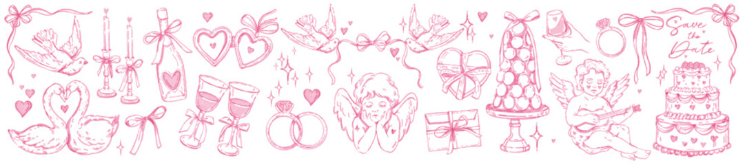 Pink wedding doodle decoration set, vector hand drawn celebration invitation graphic, cute cherub. Love line romantic collection, wine glass, swan couple, coquettish ribbon bow decor. Wedding doodle