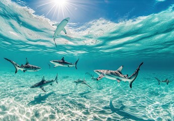 Naklejka premium Underwater Scene of Sharks Swimming Gracefully in Clear Tropical Waters Illuminated by Bright Sunlight Above the Ocean Surface with Beautiful Reflections and Shadows