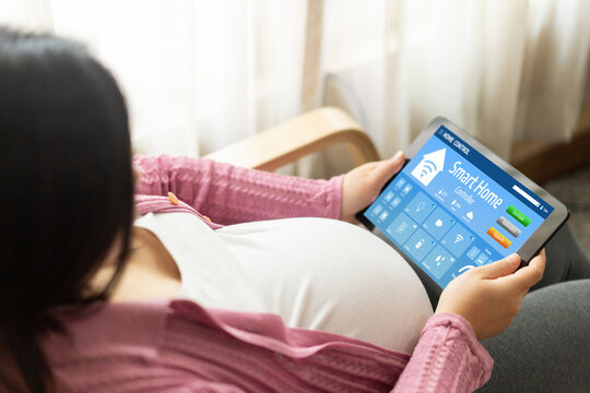 Smart home technology, centric remote control system with digital dashboard for air conditioning, safety security network or house automation. App software, ui panel programming IOT monitor snugly