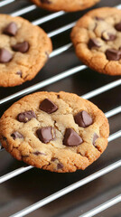 Freshly baked chocolate chip cookies cooling on a wire rack, showcasing golden edges and gooey chocolate chunks.