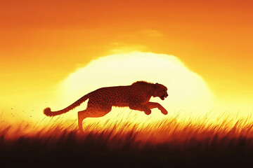 Majestic Cheetah Sprinting Across African Savanna at Sunrise

