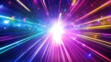 Fototapeta premium Vibrant light streaks explode from a bright core, creating a dynamic, colorful cosmic effect.