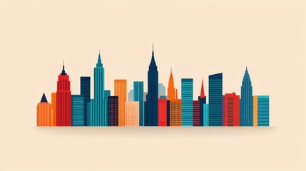 Obraz premium A colorful, stylized skyline featuring a variety of buildings, showcasing urban architecture on a light background.
