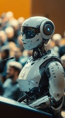 Fototapeta premium Ai robot teacher conducting college lecture in modern classroom