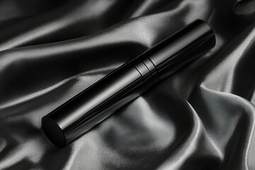 Naklejka premium Elegant black mascara tube on luxurious satin fabric background.