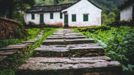 Weathered Wooden Path Leading to Quaint Rural Cottage in Lush Green Landscape