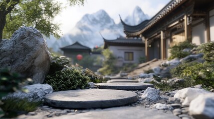 Fototapeta premium Tranquil Japanese Garden with Majestic Mountains in the Distance